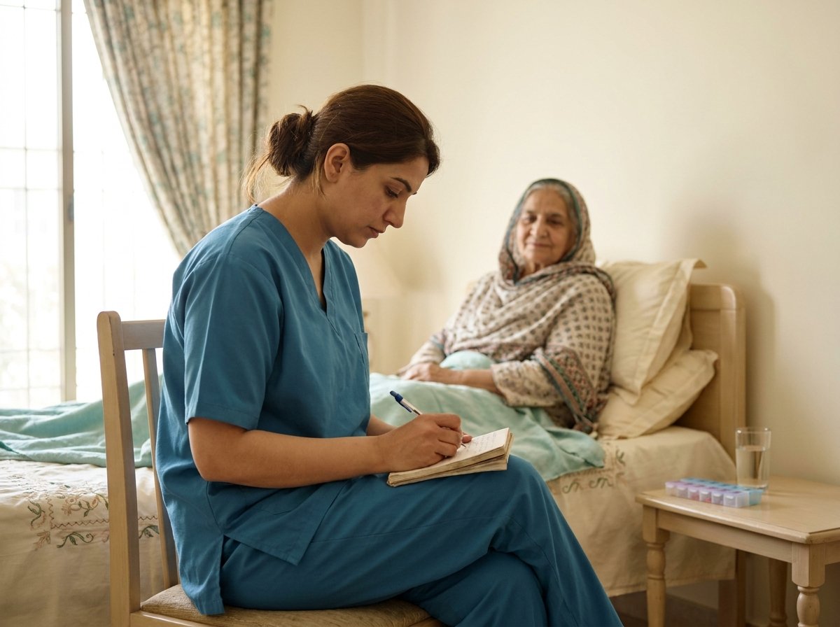 Nurse recording daily care notes beside an elderly patient at home in Lahore